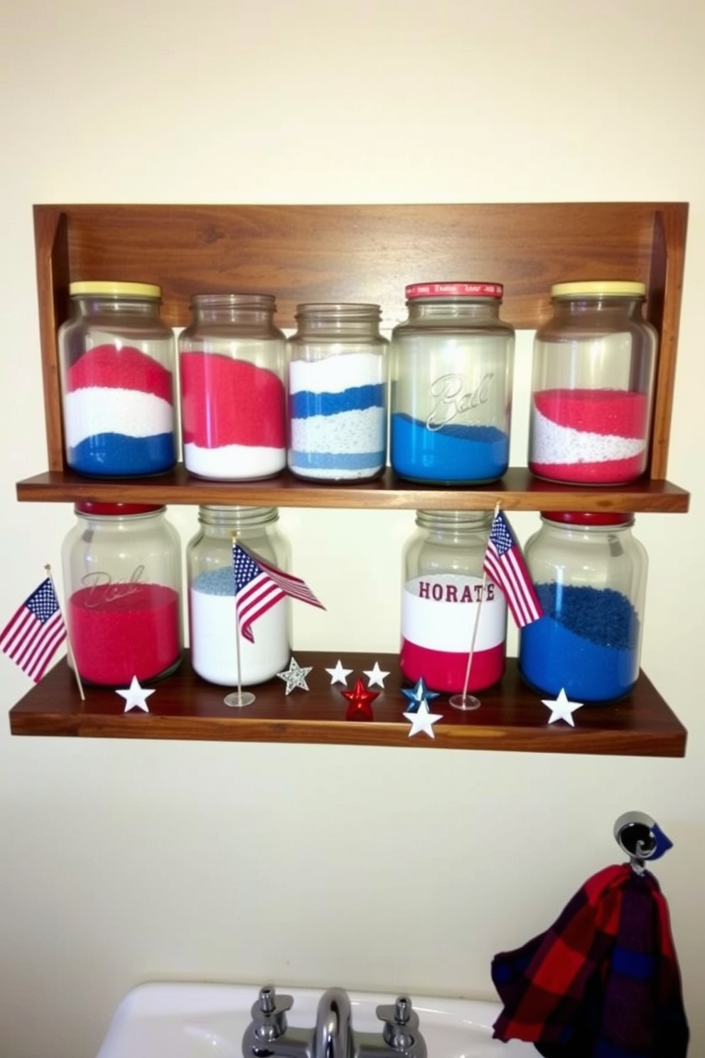 Decorative jars filled with colored sand in vibrant red, white, and blue hues are arranged on a wooden shelf above the bathroom sink. The jars are complemented by small American flags and star-shaped ornaments, creating a festive atmosphere for Independence Day celebrations.