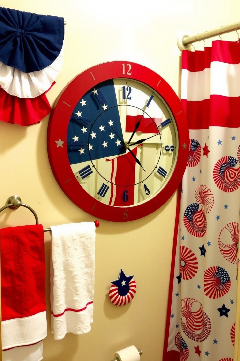 Independence Day inspired wall clock. The clock features a circular design with red white and blue colors representing the American flag with stars and stripes incorporated into the clock face. Independence Day Bathroom Decorating Ideas. The bathroom is adorned with festive decorations such as red white and blue towels and a shower curtain featuring patriotic motifs creating a celebratory atmosphere.