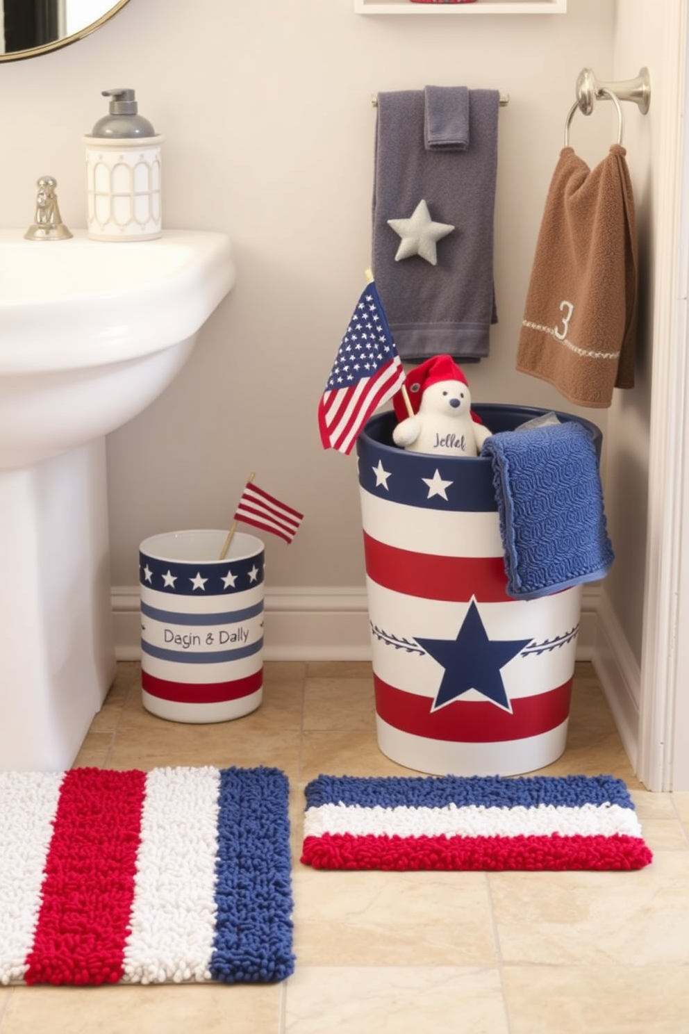 A patriotic themed wastebasket for the bathroom features a design with red white and blue stripes. It is adorned with stars and is made from durable materials that complement the overall decor. The wastebasket is placed next to a coordinating bathroom rug that enhances the festive theme. Decorative elements such as small flags or themed towels can be added to complete the Independence Day look.