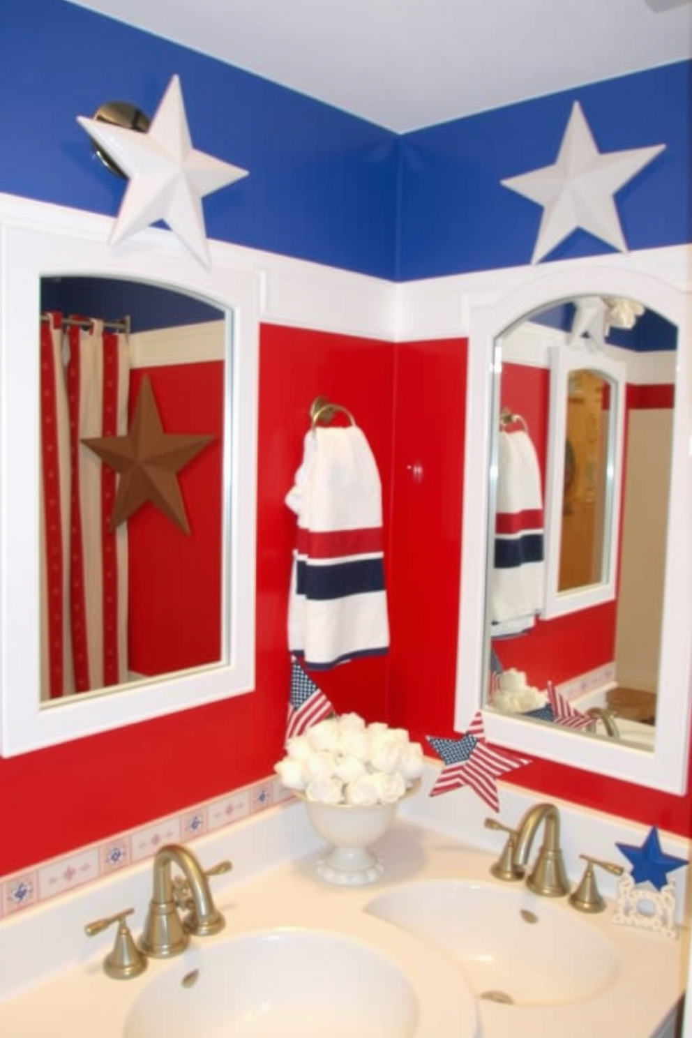 Create a vibrant bathroom setting that celebrates Independence Day. Incorporate star accents on the mirrors to evoke a festive atmosphere. The walls should be painted in a patriotic red, white, and blue color scheme. Add decorative elements such as themed towels and a centerpiece featuring stars and stripes.