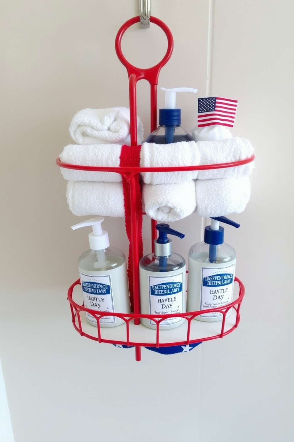 A vibrant shower caddy featuring red white and blue colors is arranged with various bath essentials. The caddy includes patriotic themed accessories such as towels and soap dispensers that celebrate Independence Day.