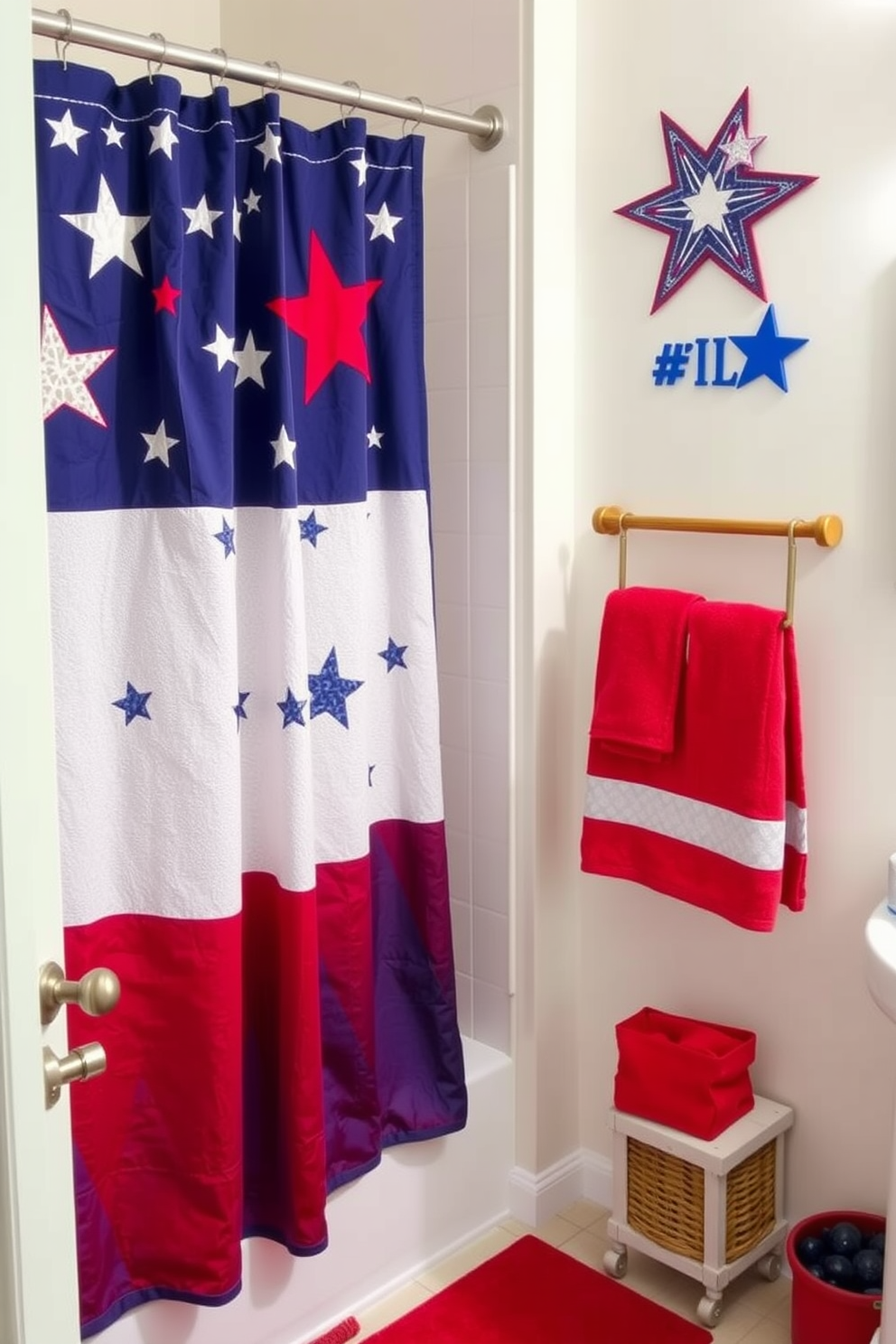 A festive bathroom setting celebrating the Fourth of July. The space features vibrant red white and blue bath towels neatly arranged on a wooden towel rack. A decorative shower curtain adorned with stars and stripes complements the patriotic theme. The walls are painted in a crisp white and accentuated with red and blue accessories.