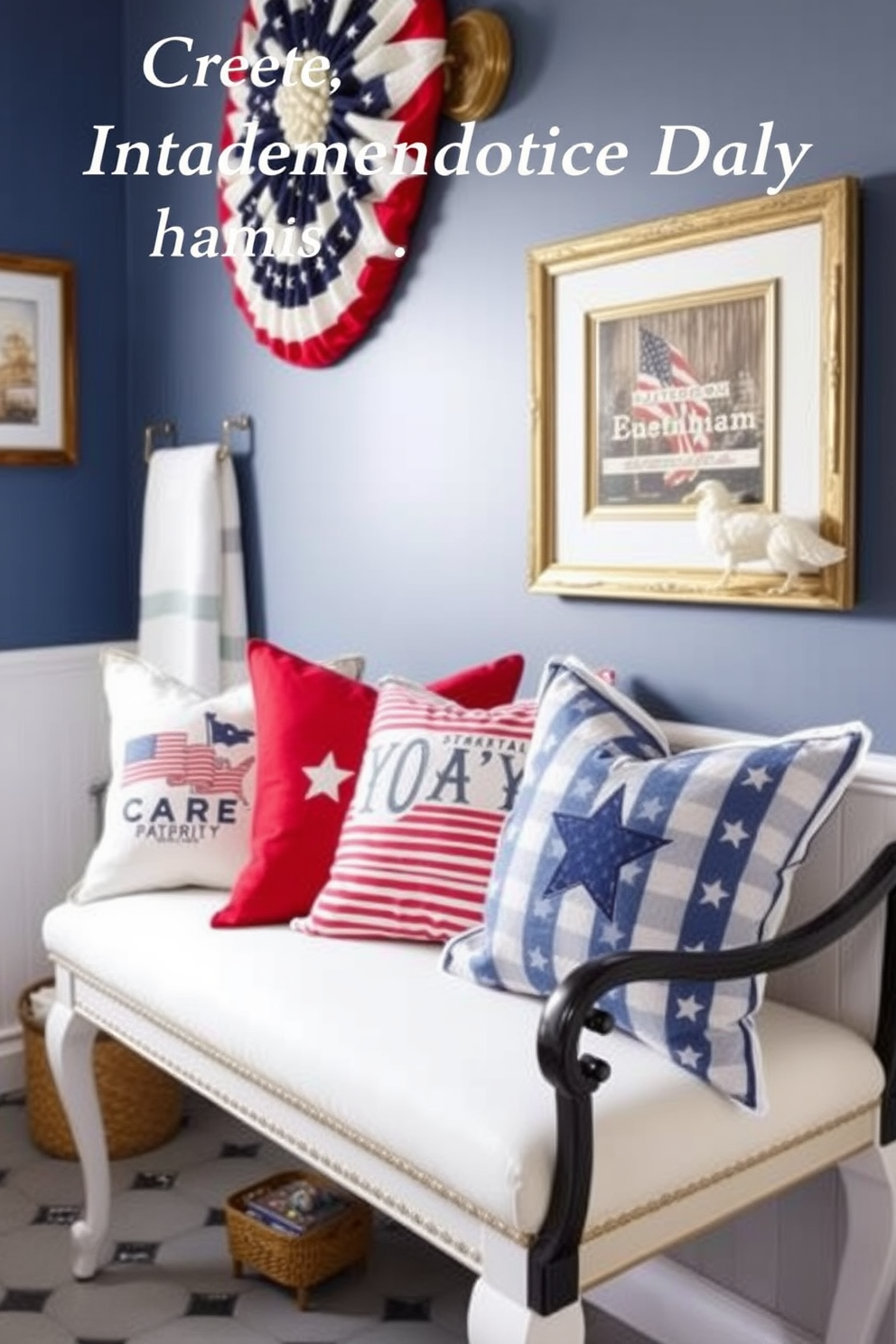 Create a vibrant bathroom setting featuring decorative pillows with patriotic motifs for Independence Day. The pillows should be arranged on a stylish bench or chair, complementing the overall decor with red, white, and blue colors.