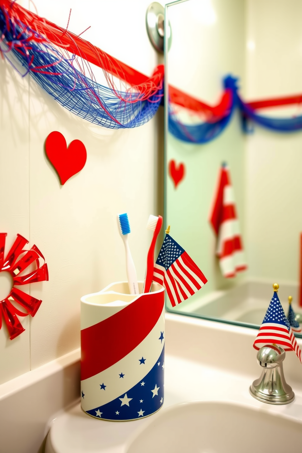 A vibrant bathroom setting celebrating Independence Day. The toothbrush holder features a bold stars and stripes design, adding a festive touch to the space. The walls are adorned with red, white, and blue accents, creating a cohesive patriotic theme. A small decorative flag is placed next to the sink, enhancing the overall festive atmosphere.