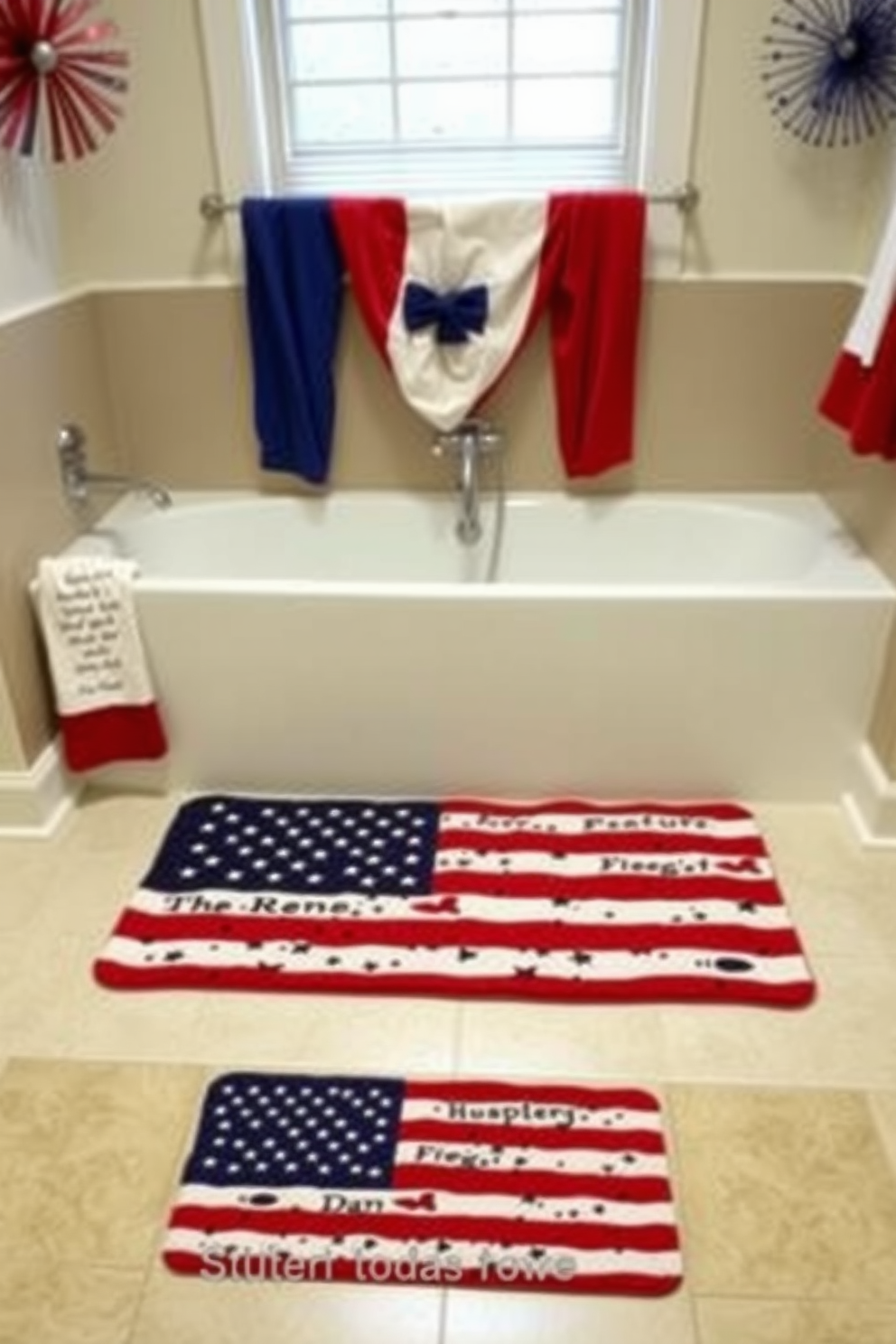 A patriotic bath mat featuring a vibrant flag design is placed in front of a sleek white bathtub. The walls are adorned with red, white, and blue accents, creating a festive atmosphere for Independence Day celebrations.