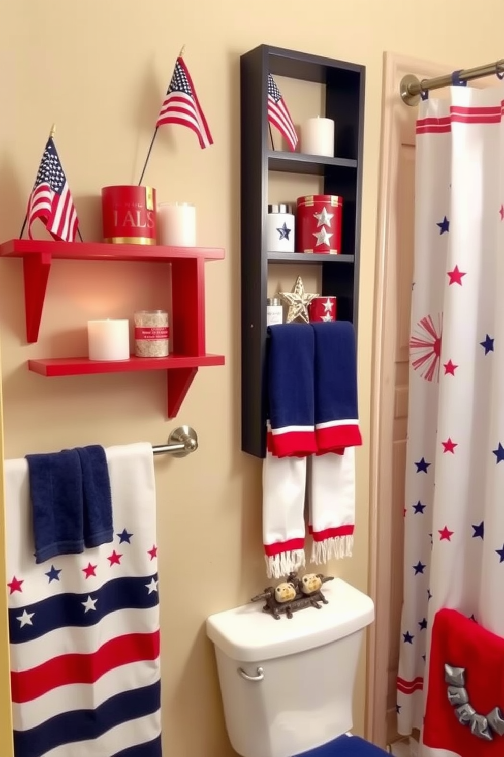 A set of wall shelves adorned with red white and blue decorations for Independence Day. The shelves feature small American flags decorative stars and themed candles creating a festive atmosphere. A bathroom decorated for Independence Day with a patriotic color scheme of red white and blue. The shower curtain displays stars and stripes while towels and accessories complement the theme with vibrant colors.