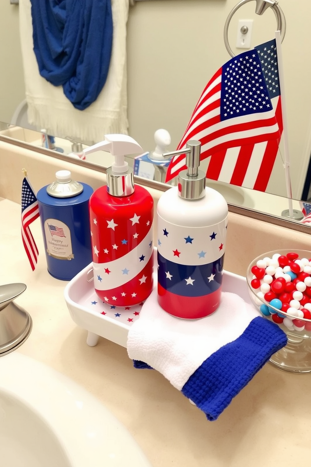 A festive bathroom setting celebrating Independence Day. The soap dispenser features a vibrant red white and blue design with stars and stripes. On the countertop, a small decorative tray holds the soap dispenser alongside a matching hand towel. Patriotic accents like a miniature American flag and a decorative bowl filled with red white and blue candies complete the festive look.