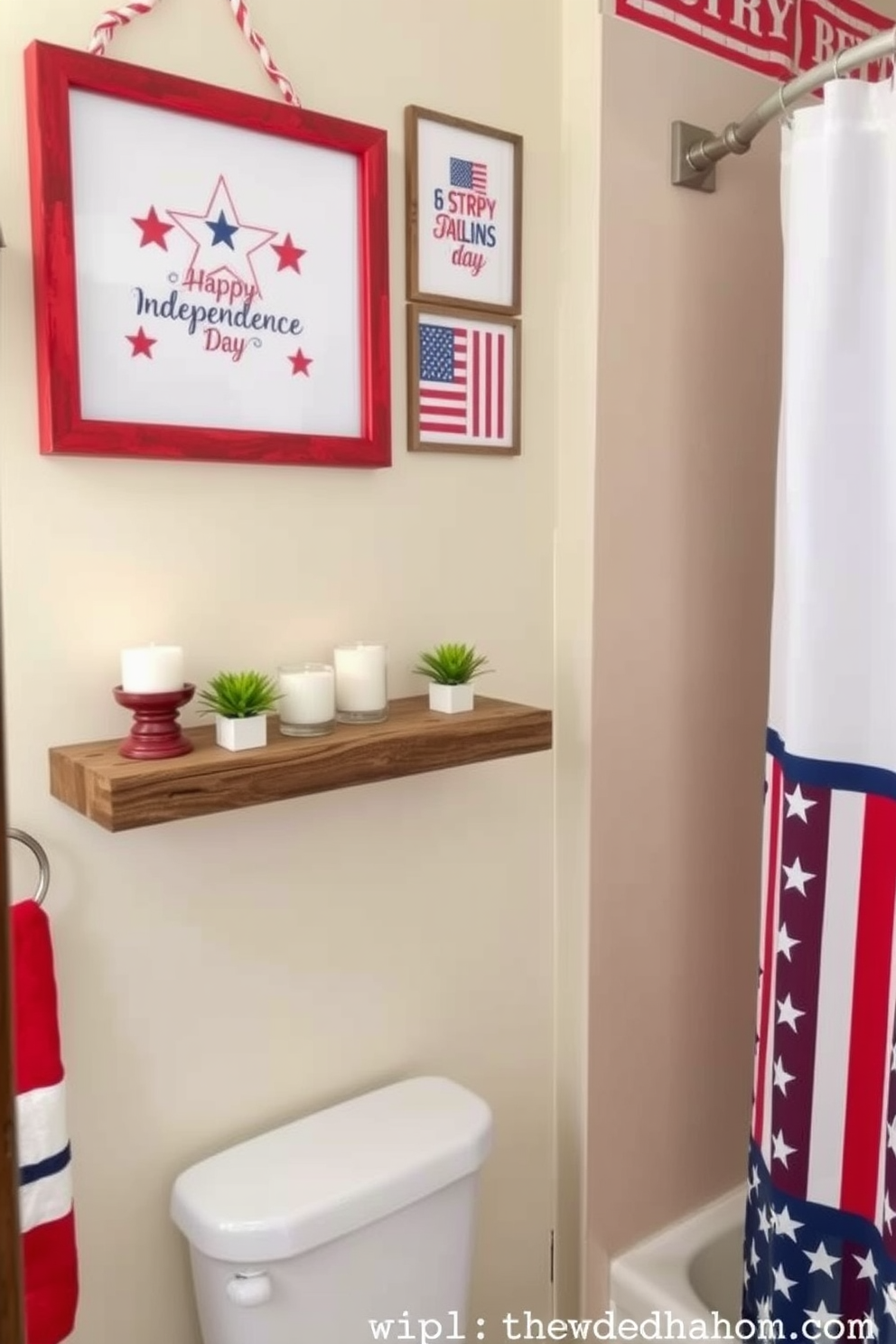 A festive bathroom setting featuring stars and stripes wall art prints that celebrate Independence Day. The walls are adorned with vibrant red, white, and blue accents, creating a patriotic atmosphere. A rustic wooden shelf holds decorative items like candles and small potted plants that complement the theme. The shower curtain displays a bold stars and stripes pattern, adding a playful touch to the space.