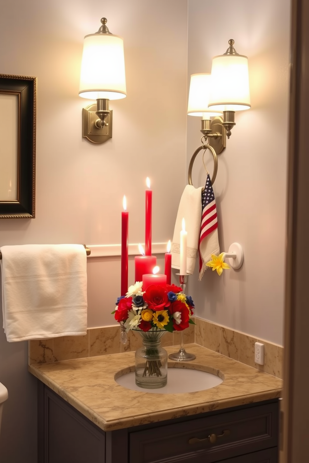 Create a festive bathroom setting inspired by Independence Day. Include elegant candle holders featuring red, white, and blue candles arranged on a stylish vanity. The walls should be adorned with subtle patriotic-themed decor, and a plush white towel should be neatly draped over the towel rack. Add a splash of color with a decorative vase filled with seasonal flowers that complement the holiday theme.