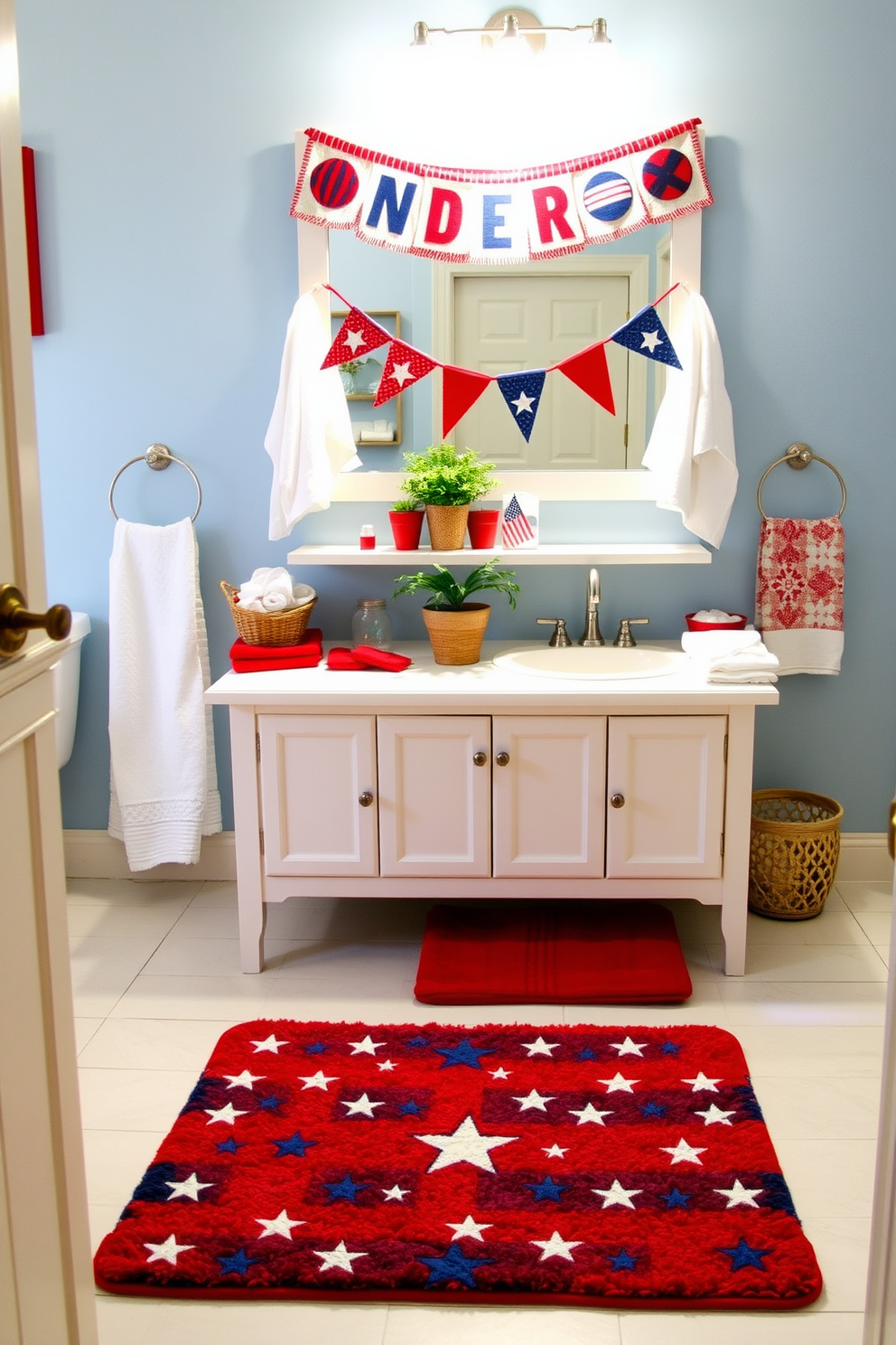 A festive bathroom setting featuring a vibrant Independence Day themed rug with stars and stripes design. The rug is placed in front of a white vanity adorned with red, white, and blue accessories, creating a patriotic atmosphere. The walls are painted a soft blue, complemented by white towels and decor. A small potted plant adds a touch of greenery, while a decorative banner with Independence Day motifs hangs above the mirror.