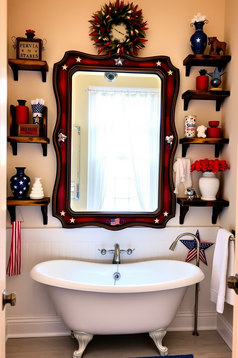 A vintage American flag framed mirror is the centerpiece of the bathroom, reflecting a sense of patriotism and charm. Surrounding the mirror are rustic wooden shelves adorned with red, white, and blue decorative accents, creating a festive atmosphere for Independence Day. The walls are painted in a soft cream color, providing a warm backdrop for the vibrant decor. A classic clawfoot bathtub sits beneath a window, draped with sheer white curtains that let in natural light, enhancing the overall inviting feel.