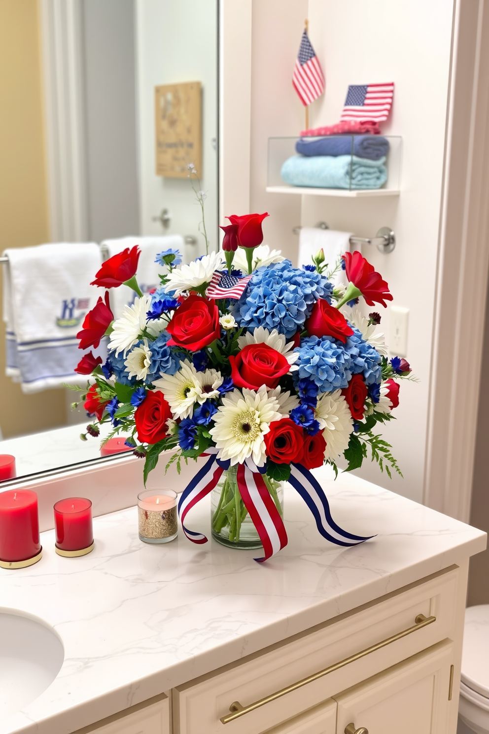 A vibrant floral arrangement featuring red white and blue blooms is centered on a white marble countertop. The arrangement includes lush roses daisies and hydrangeas in a glass vase adorned with a patriotic ribbon. Surrounding the floral centerpiece are decorative candles in red and blue hues. The bathroom is decorated with subtle Independence Day accents such as themed towels and a small flag displayed on the shelf.