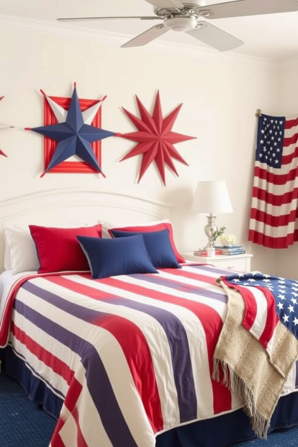 A vibrant bedroom featuring red white and blue bedding sets perfect for Independence Day. The bed is adorned with a striped quilt and matching pillows, while patriotic decorations like star-shaped wall art and a flag-themed throw blanket complete the look.