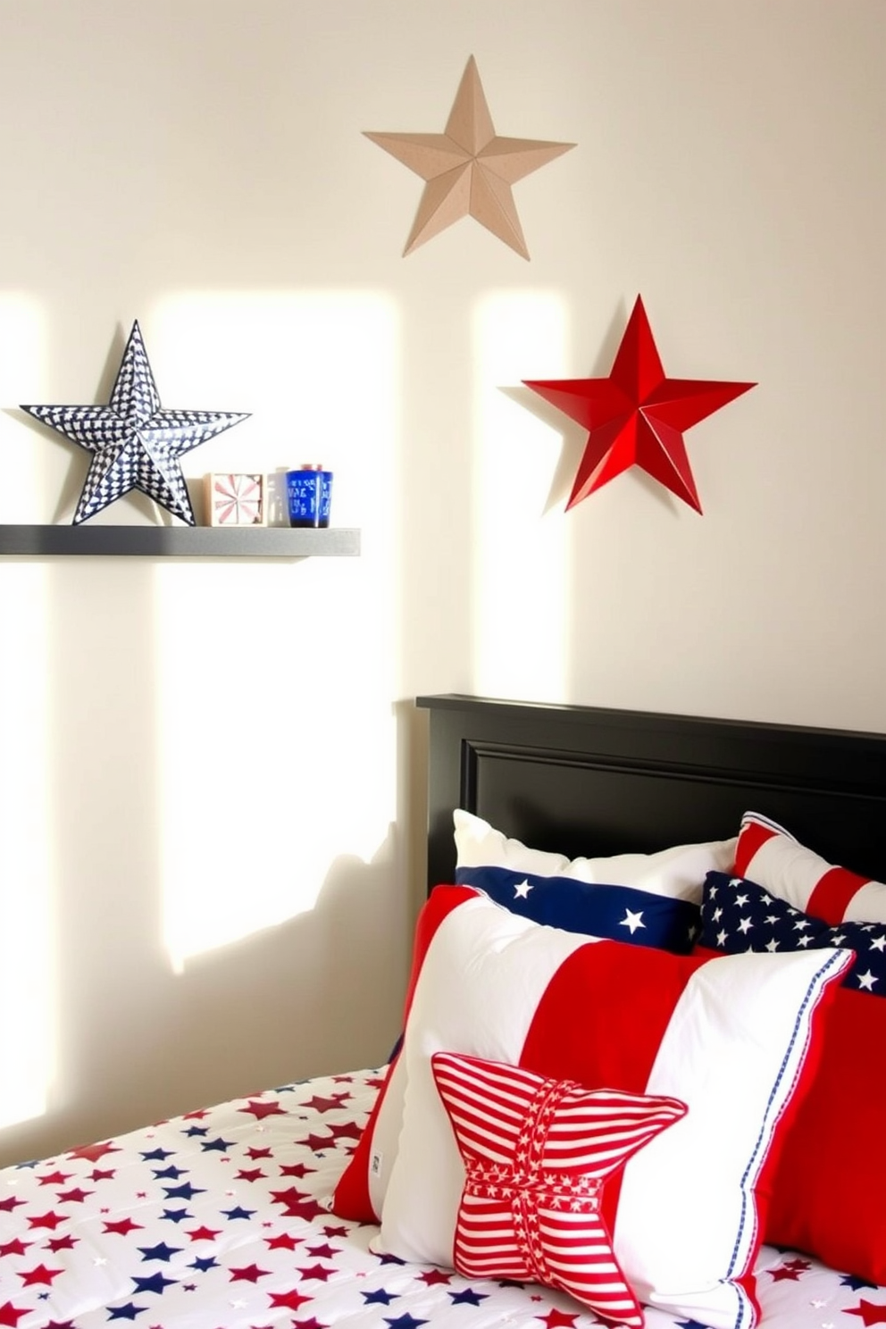 Star shaped decorative accents are strategically placed on floating shelves, creating a festive atmosphere. The color scheme features red, white, and blue elements that evoke the spirit of Independence Day. The bedding showcases a mix of stars and stripes, enhancing the patriotic theme. Decorative pillows in coordinating colors add comfort and style, making the bedroom inviting and celebratory.