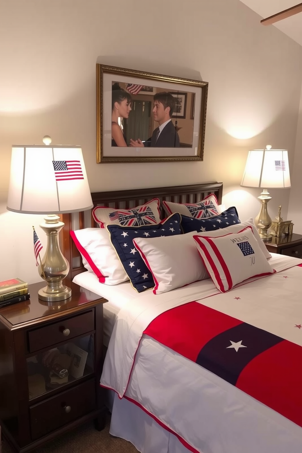 A cozy bedroom setting featuring table lamps adorned with flag motifs. The lamps sit on each side of a neatly made bed, which is dressed in red, white, and blue bedding to celebrate Independence Day.