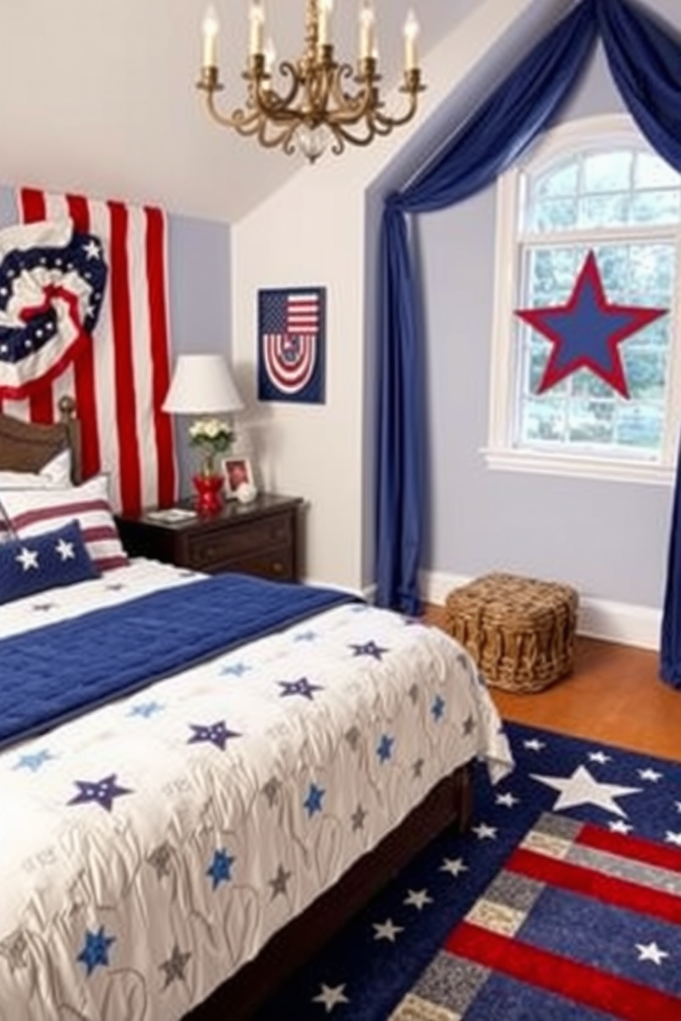 Create a patriotic themed bedroom featuring area rugs that celebrate Independence Day. The room should include red white and blue color schemes with stars and stripes patterns on the rugs to enhance the festive atmosphere.