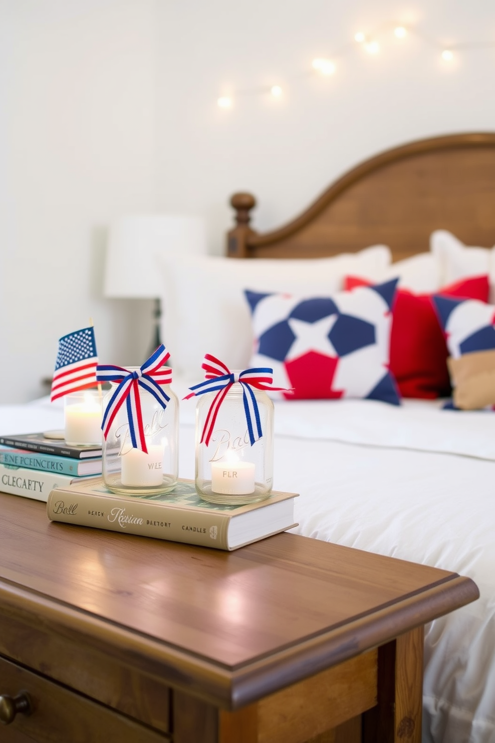 A cozy bedroom featuring DIY mason jar candle holders decorated with red white and blue ribbons. The candle holders are placed on a rustic wooden nightstand alongside a stack of patriotic-themed books and a small American flag. The bed is adorned with a crisp white duvet cover and vibrant throw pillows in shades of red and blue. A string of fairy lights is draped above the headboard, adding a warm glow to the festive Independence Day decor.