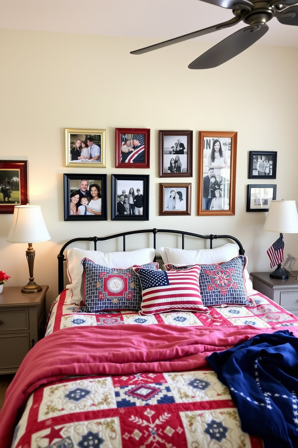 A cozy bedroom adorned with framed photos in red, white, and blue frames celebrating Independence Day. The bed is dressed in a patriotic quilt, and decorative pillows in coordinating colors add a festive touch.