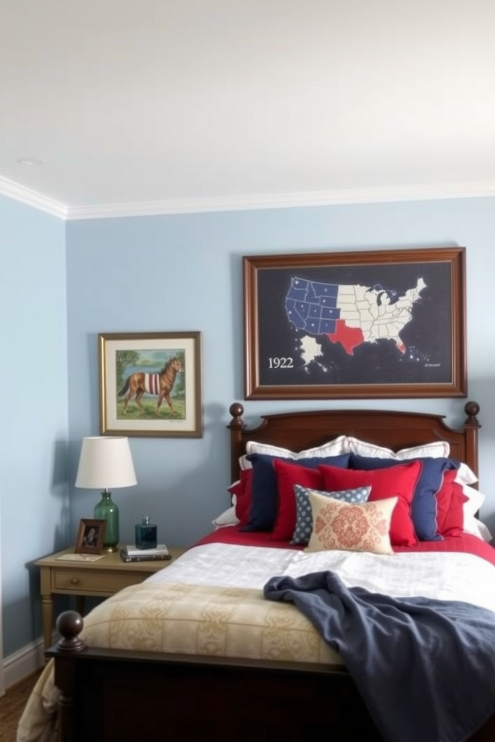 A cozy bedroom featuring Americana themed artwork above the bed. The walls are painted in a soft blue hue, and the bed is dressed in red, white, and blue linens.