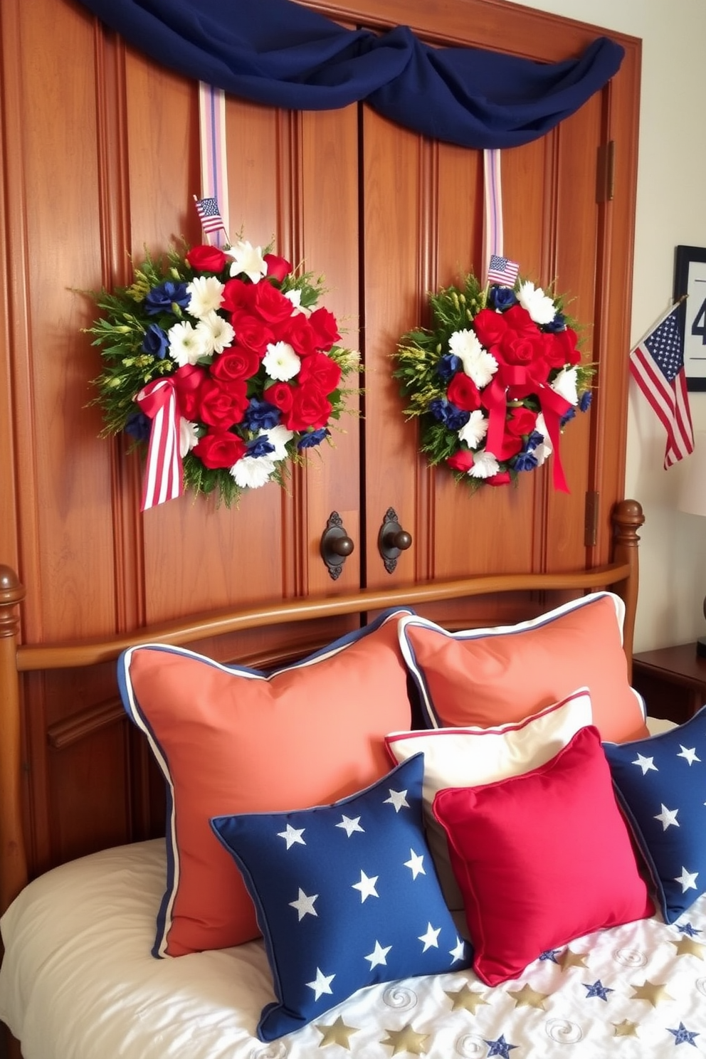 A cozy bedroom adorned with festive wreaths on the doors, celebrating Independence Day. The wreaths are made of vibrant red, white, and blue flowers, accented with small American flags and ribbons. Inside, the bedding features a patriotic theme with stars and stripes in bold colors. Decorative pillows in coordinating hues add a touch of comfort and style to the overall decor.