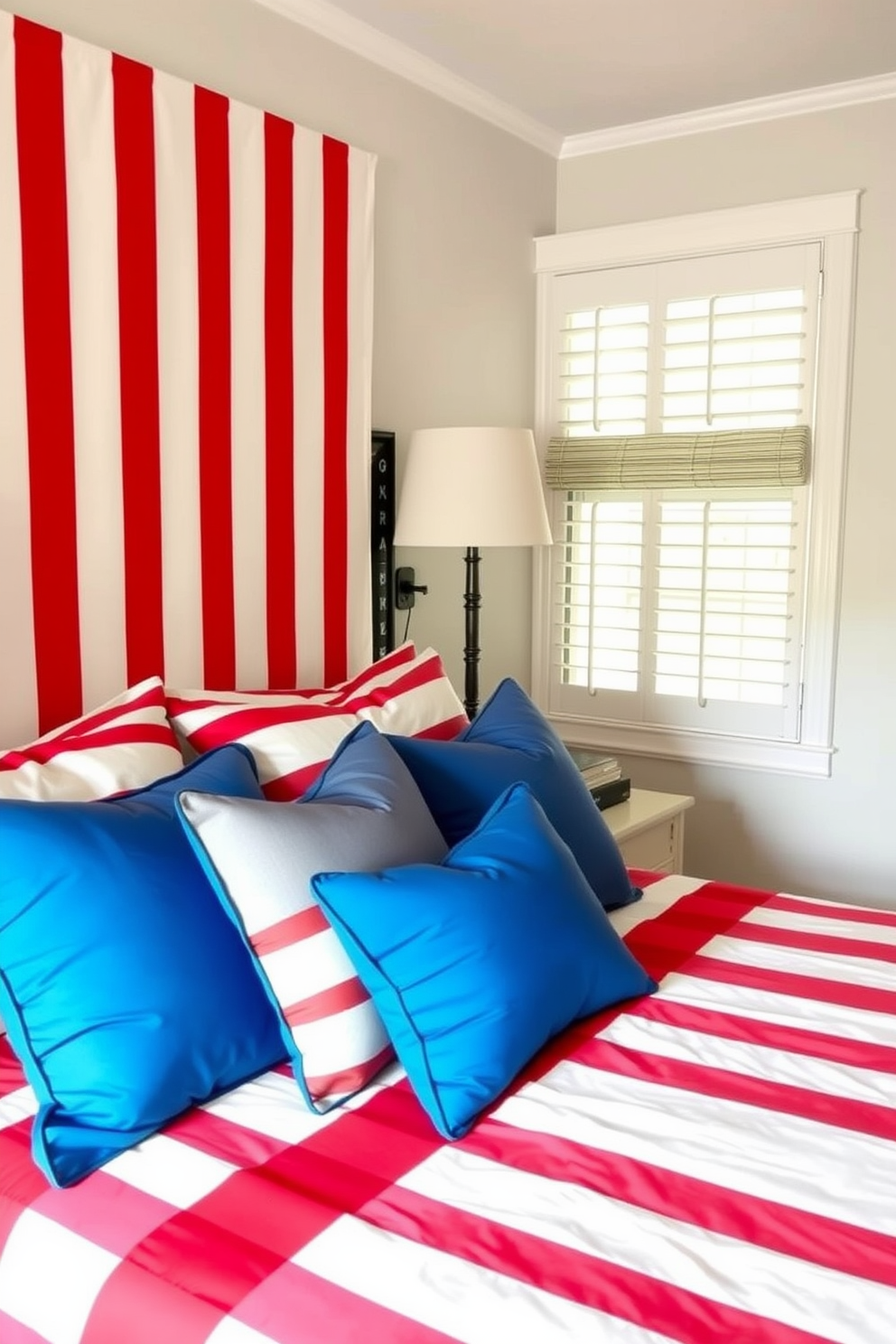 A vibrant bedroom featuring red and white striped bed skirts that evoke a festive Independence Day spirit. The bed is adorned with coordinating pillows in shades of blue, creating a patriotic color scheme that enhances the overall decor.