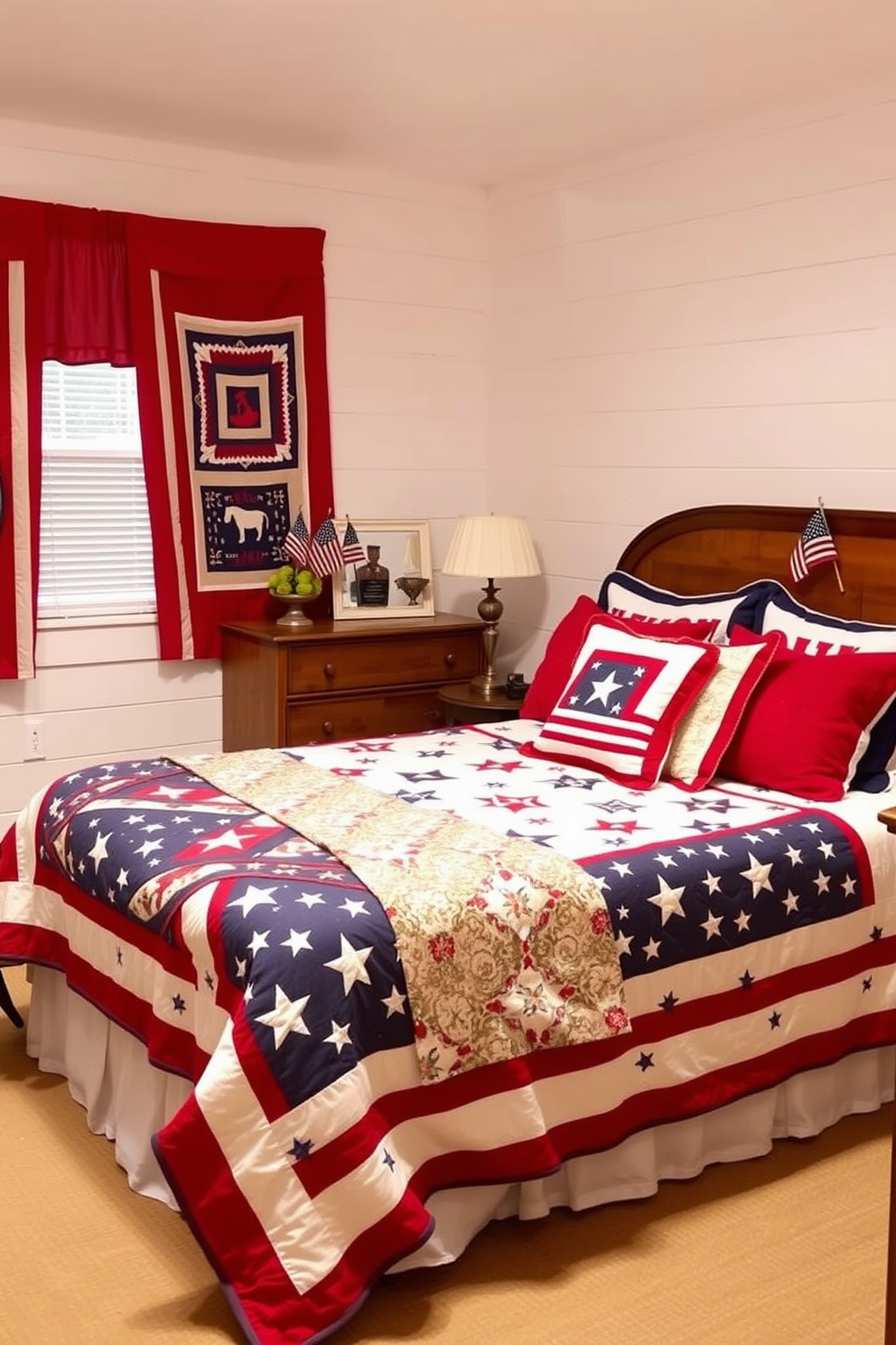 A cozy bedroom adorned with patriotic quilts draped over a beautifully made bed. The walls are painted in a soft white hue, complemented by red and blue accents throughout the decor. A vintage wooden dresser sits against one wall, showcasing small American flags and seasonal decorations. Soft lighting from bedside lamps creates a warm and inviting atmosphere perfect for celebrating Independence Day.