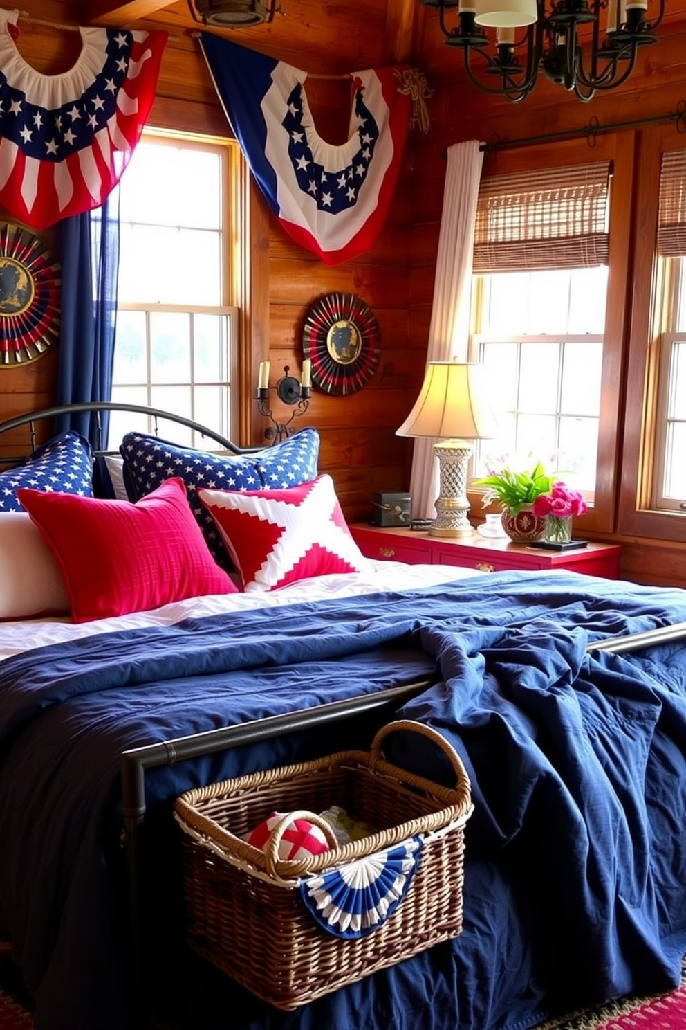 A cozy bedroom adorned with decorative baskets in red, white, and blue hues to celebrate Independence Day. The baskets are placed strategically around the room, adding a festive touch while providing functional storage.