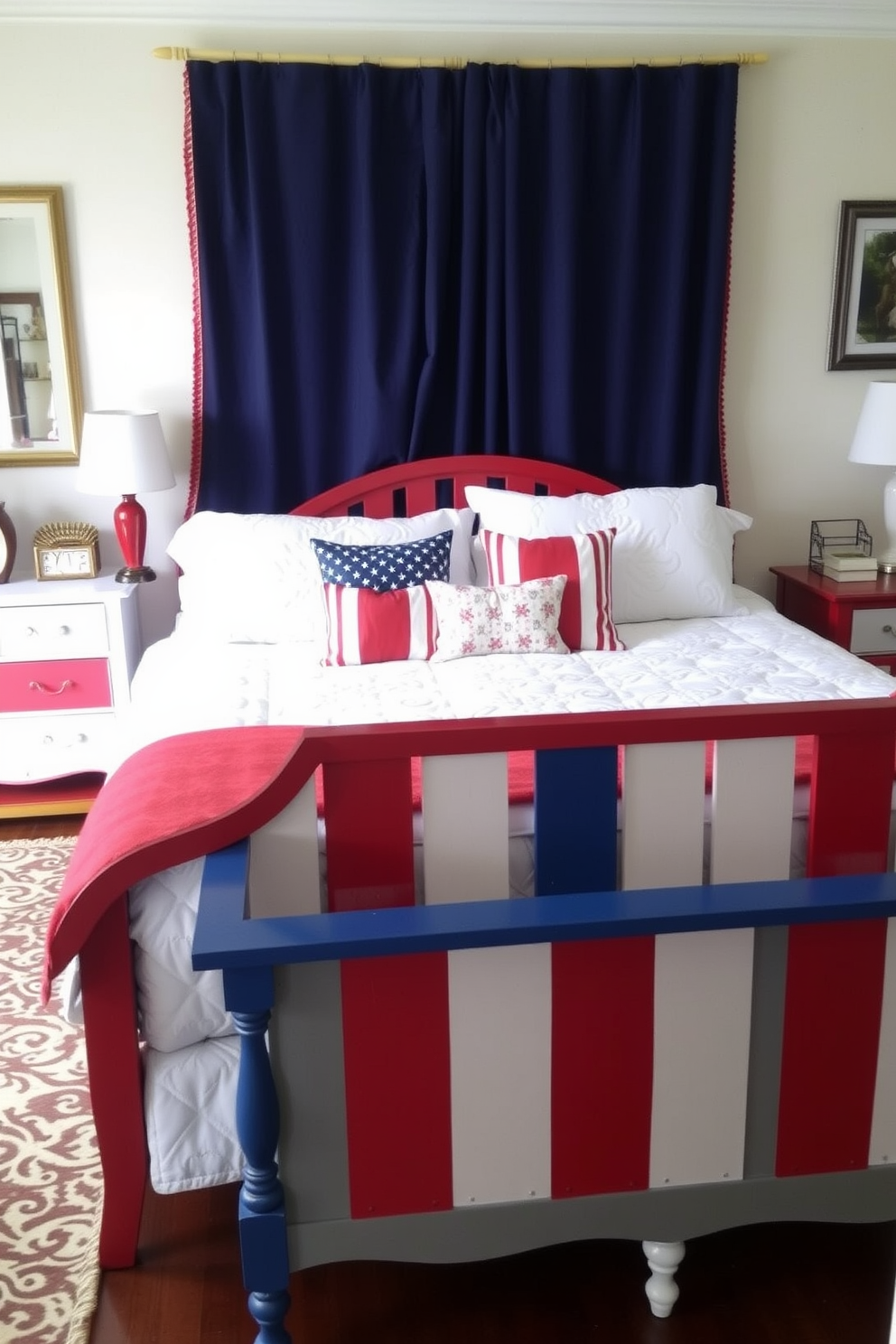 Accent furniture painted in red white and blue creates a festive and patriotic atmosphere in the bedroom. The bed is adorned with a white quilt, while red and blue throw pillows add a pop of color and comfort.