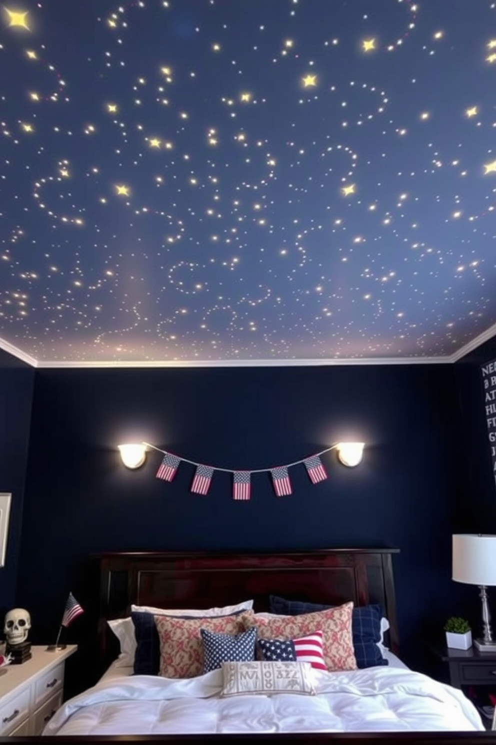 Create a cozy bedroom atmosphere featuring a starry night sky ceiling adorned with glowing decals that mimic constellations. The walls are painted in a soft navy blue, and a plush bed with white linens is positioned under the celestial ceiling, inviting relaxation and wonder. Incorporate Independence Day decorating ideas by adding red, white, and blue accents throughout the room. Use throw pillows with festive patterns and hang small American flags to celebrate the holiday spirit while maintaining a stylish and inviting space.