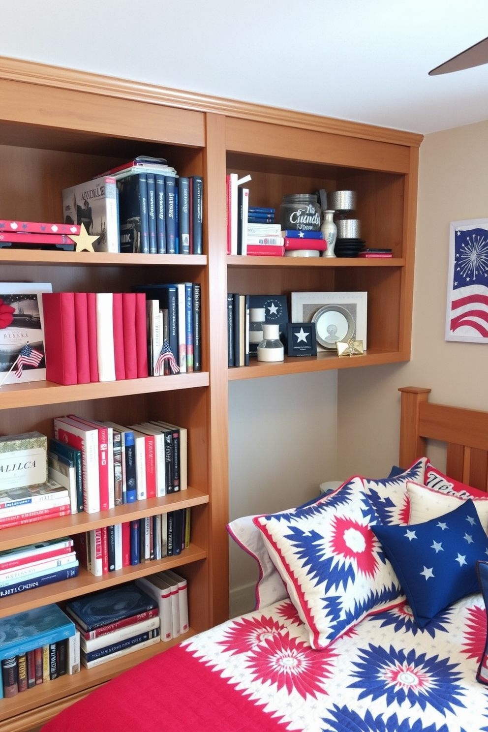 Patriotic themed bookends made of red white and blue materials are placed on wooden shelves filled with various books and decorative items. The shelves are accented with small American flags and stars to enhance the Independence Day theme. The bedroom features a cozy bed with a red white and blue quilt and matching pillows. Wall art depicting fireworks and the American flag completes the festive atmosphere, making it a perfect space for celebrating Independence Day.