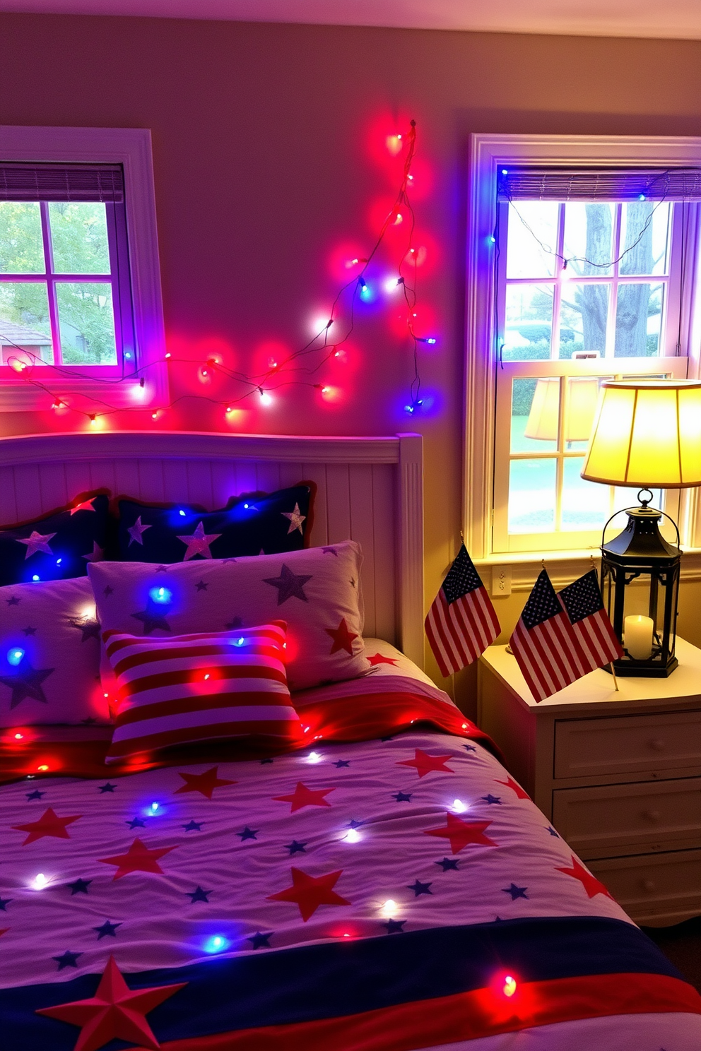 Create a cozy bedroom setting adorned with red white and blue fairy lights for Independence Day. The lights are draped across the headboard and along the window frames, casting a warm glow throughout the room. The bedding features a patriotic theme with stars and stripes in vibrant colors. A small American flag is placed on the nightstand next to a decorative lantern, enhancing the festive atmosphere.