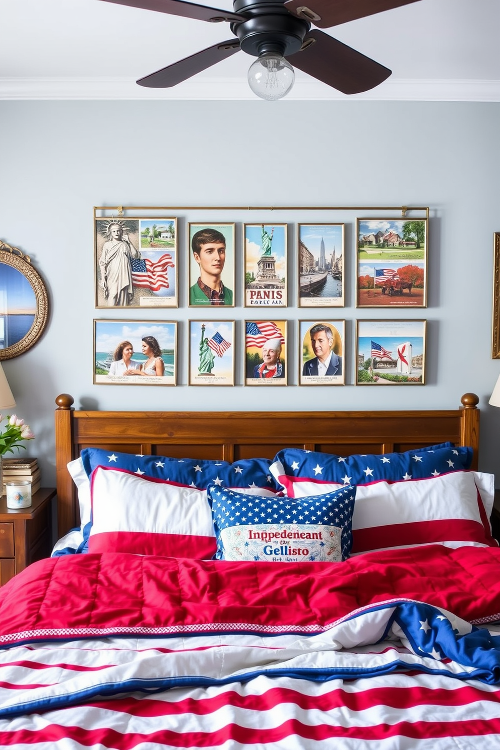 A cozy bedroom adorned with vintage patriotic postcards displayed on a gallery wall. The bed is dressed in red, white, and blue linens, creating a festive atmosphere for Independence Day celebrations.