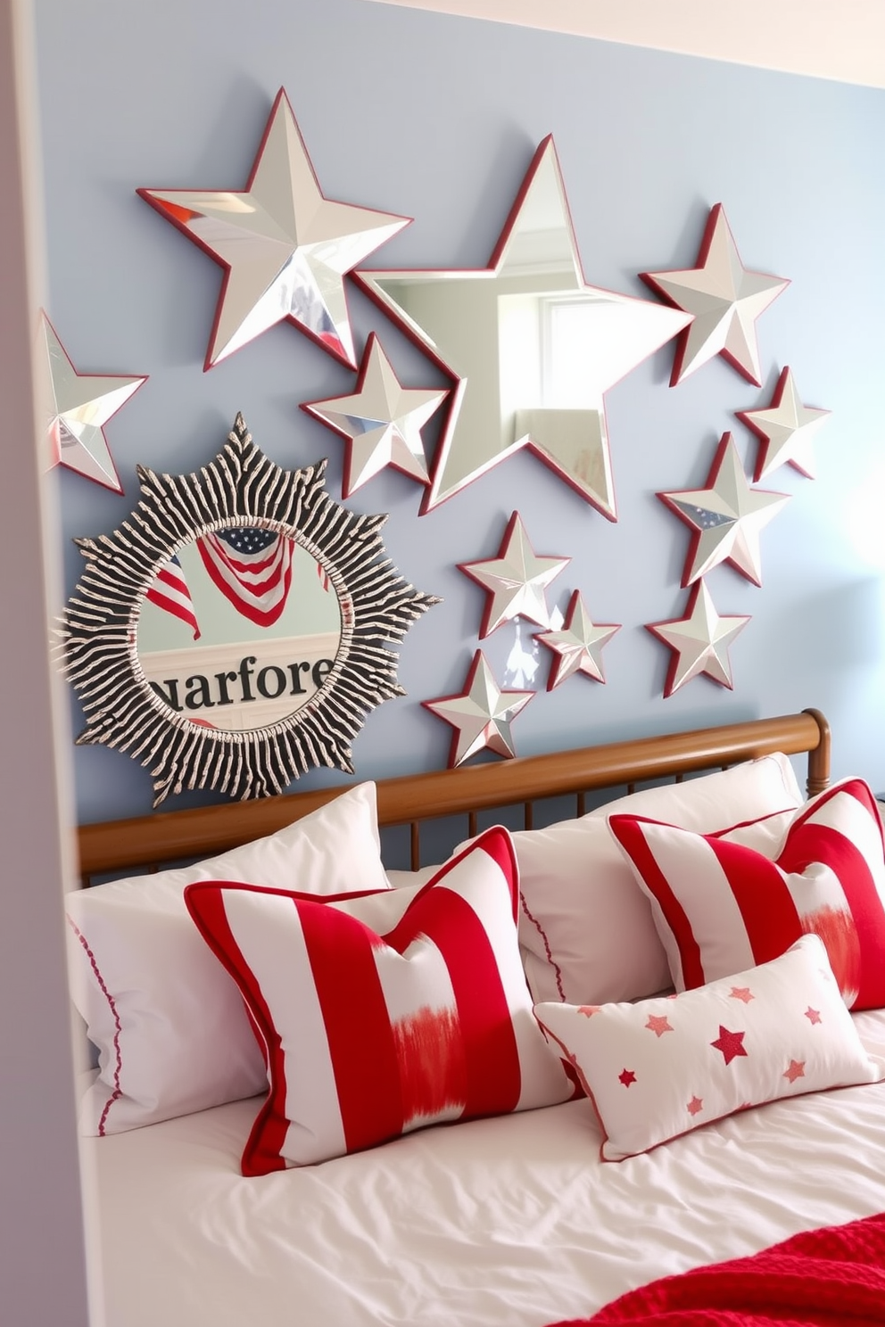 A cozy bedroom adorned with star shaped mirrors that reflect the festive spirit of Independence Day. The walls are painted in a soft blue, complemented by red and white accents in the bedding and decorative pillows.