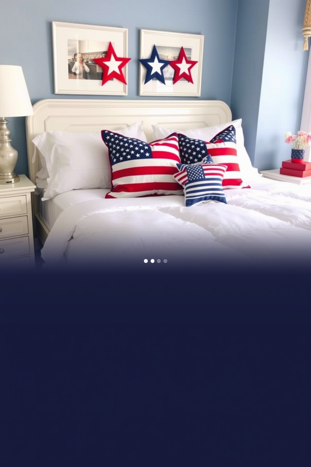 A cozy bedroom adorned with stars and stripes throw pillows that celebrate Independence Day. The bed is dressed in a classic white duvet, and the walls are painted in a soft blue hue to complement the patriotic theme.