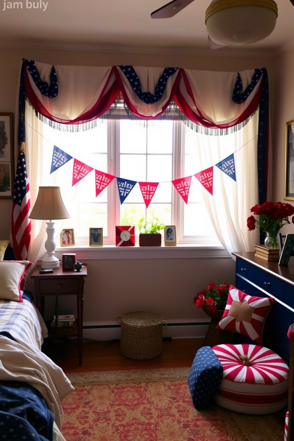 A cozy bedroom adorned with festive bunting draped along the window. The room features a patriotic color scheme with red white and blue accents throughout the decor.