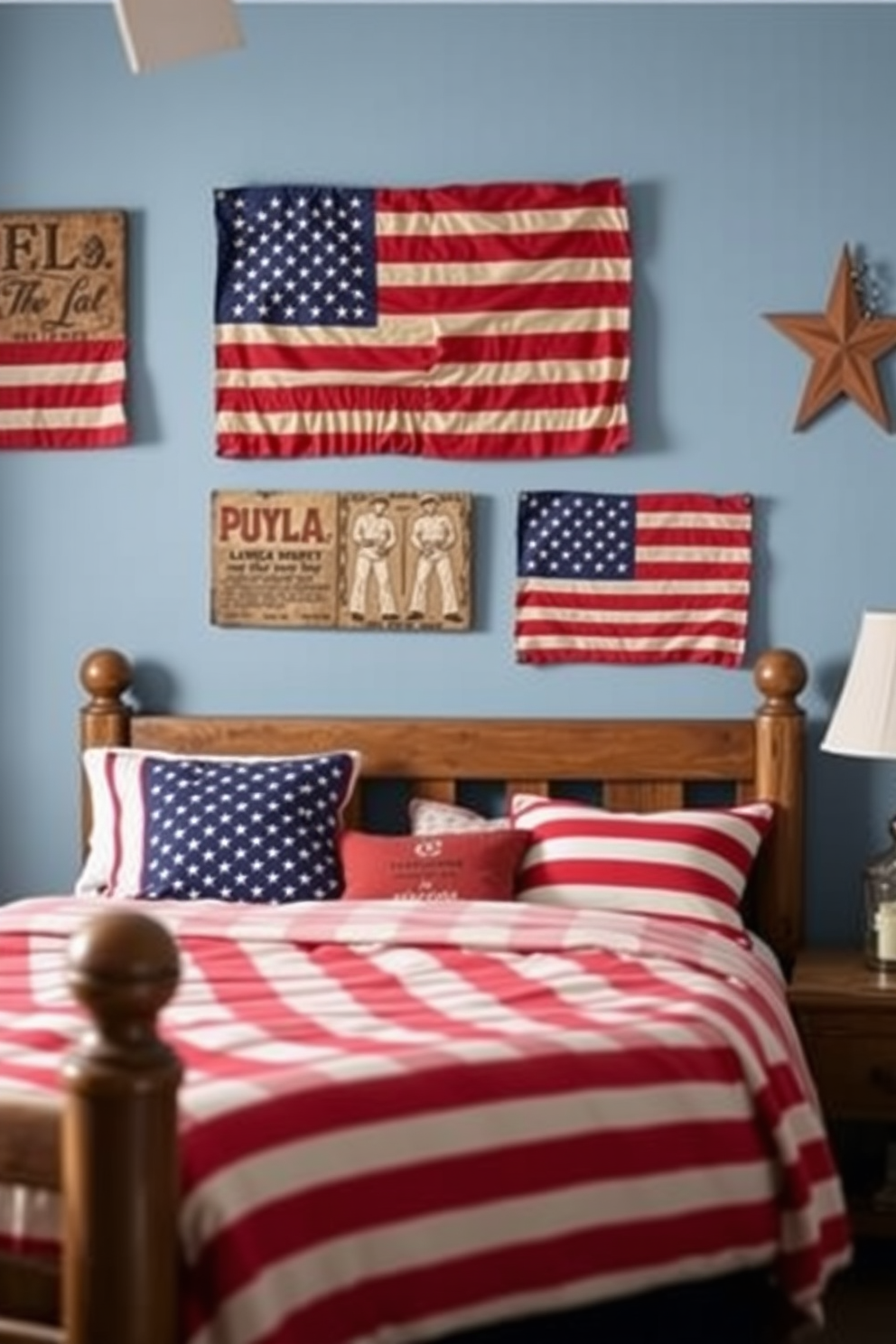 A cozy bedroom featuring vintage American flags as wall art, creating a patriotic atmosphere. The walls are painted in soft blue, and a rustic wooden bed frame is adorned with red and white striped bedding.