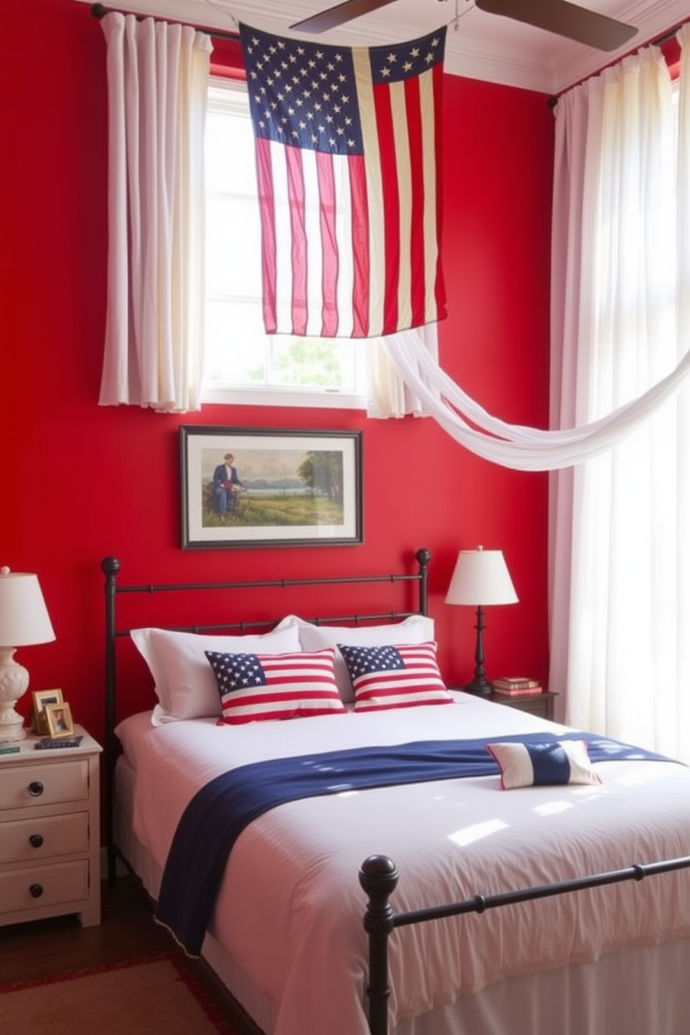 A striking bedroom featuring red accent walls that create a bold and vibrant atmosphere. The decor includes white and blue bedding to celebrate Independence Day, with decorative pillows that showcase stars and stripes. The room is adorned with patriotic artwork and a vintage American flag hanging above the bed. Natural light floods the space through sheer curtains, enhancing the warm tones of the red walls and creating an inviting ambiance.