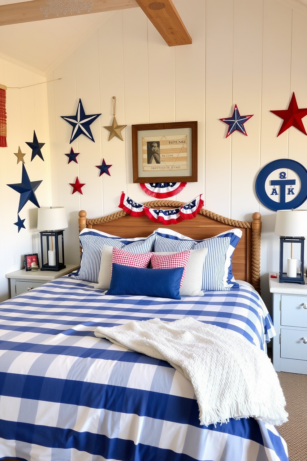 A cozy bedroom with a nautical theme featuring blue and white striped bedding. The walls are adorned with star decorations and red, white, and blue accents to celebrate Independence Day. A wooden headboard with a rope design complements the seaside vibe. Nautical-themed artwork and lanterns are strategically placed to enhance the festive atmosphere.