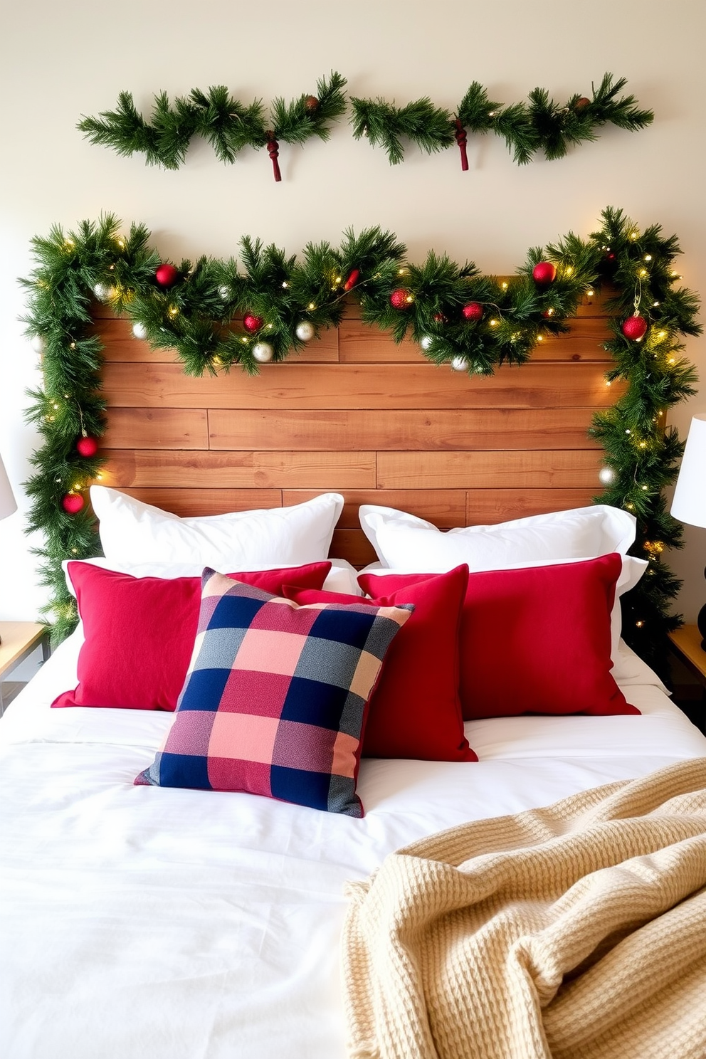 A cozy bedroom setting adorned with festive garlands draped elegantly over a rustic wooden headboard. The bed is dressed in red, white, and blue linens, complemented by plush pillows and a soft throw blanket.