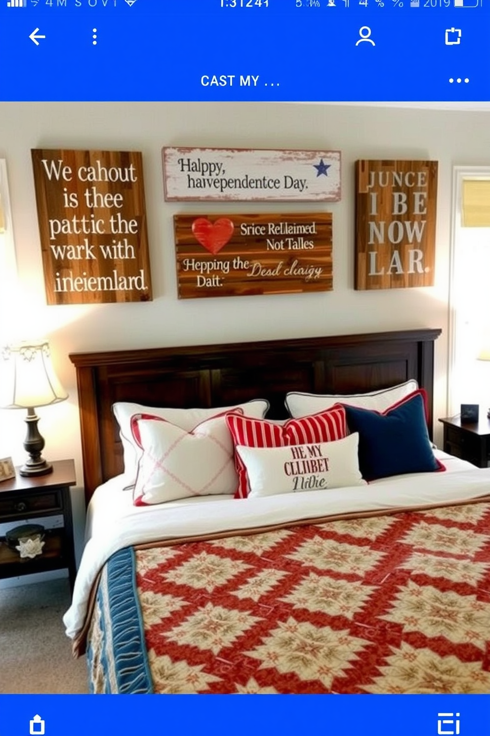 Rustic wooden signs are strategically placed around the bedroom, each featuring a different patriotic quote that captures the spirit of Independence Day. The signs are crafted from reclaimed wood, showcasing natural textures and finishes that add warmth to the decor. The bedroom is adorned with red, white, and blue accents, including throw pillows and a cozy quilt that enhance the festive atmosphere. Soft lighting from vintage-style lamps creates an inviting ambiance, perfect for celebrating the holiday.