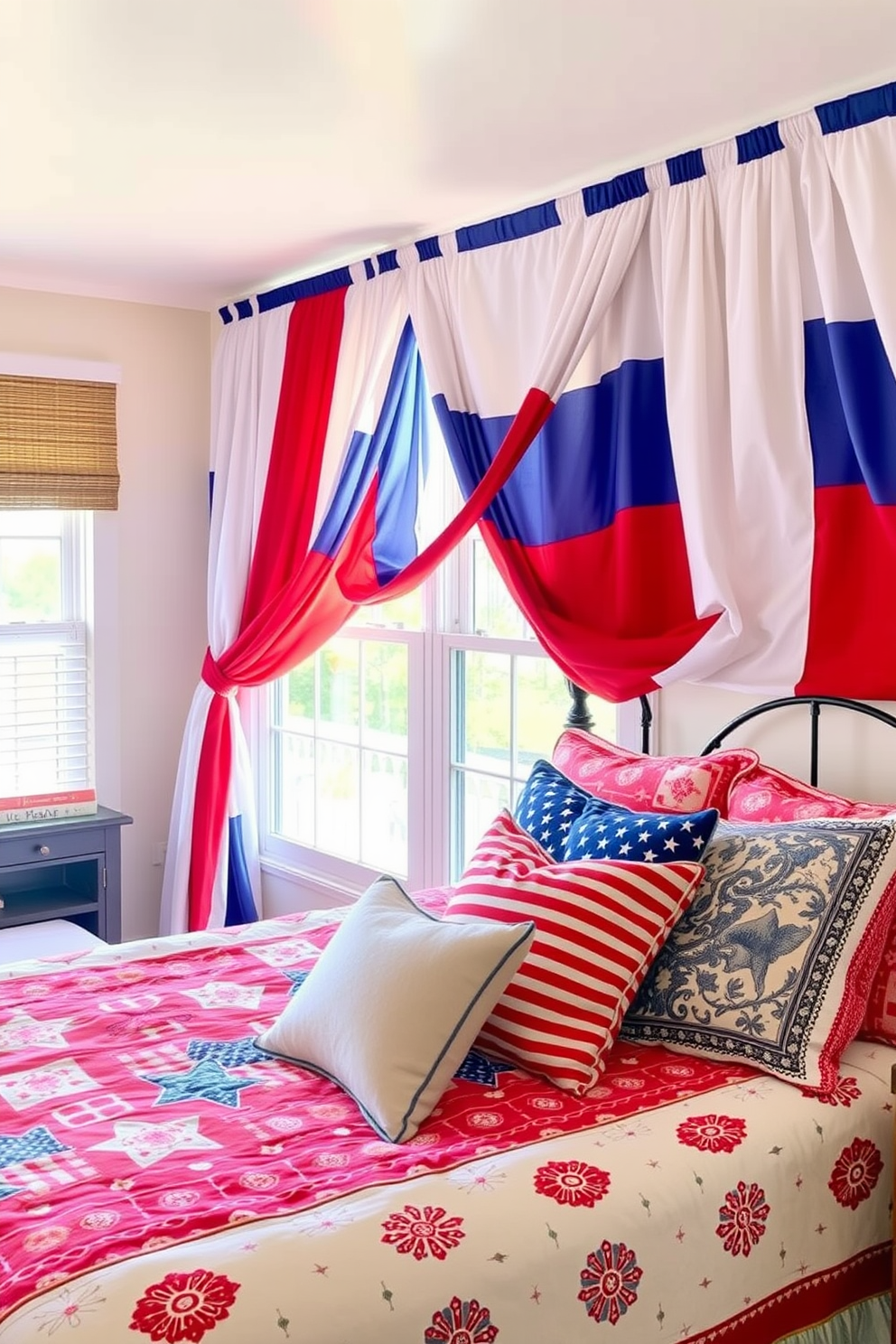 A cozy bedroom adorned with red white and blue curtains that flutter gently in the breeze. The bedding features a mix of patriotic patterns while decorative pillows in complementary colors add a touch of charm.