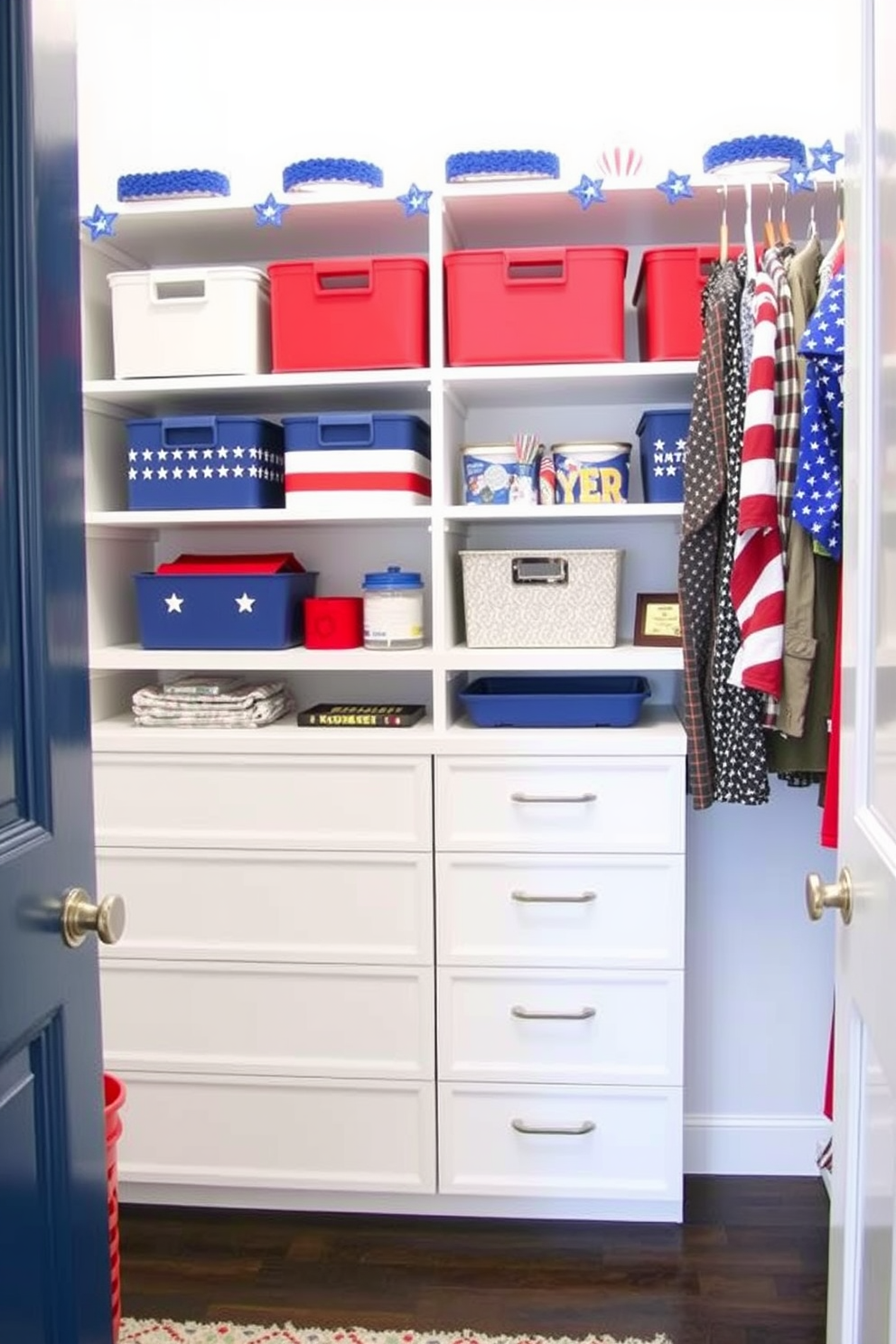 Create a vibrant closet space decorated for Independence Day. Incorporate red white and blue storage bins that add a festive touch while keeping the area organized.