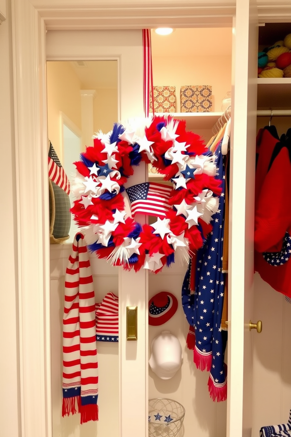 A festive closet decorated for Independence Day features a vibrant seasonal wreath made of red white and blue elements. The wreath is adorned with stars and stripes giving a patriotic touch to the closet doors. Inside the closet patriotic themed decorations complement the wreath creating a cohesive look. Accessories like themed scarves and hats are neatly arranged to enhance the festive spirit.