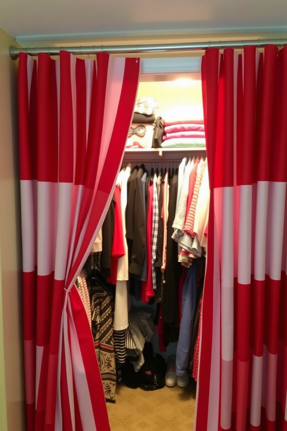 A vibrant closet space adorned with red and white striped curtains that evoke the spirit of Independence Day. The curtains frame a well-organized closet filled with neatly arranged clothing and accessories, creating a festive and stylish atmosphere.