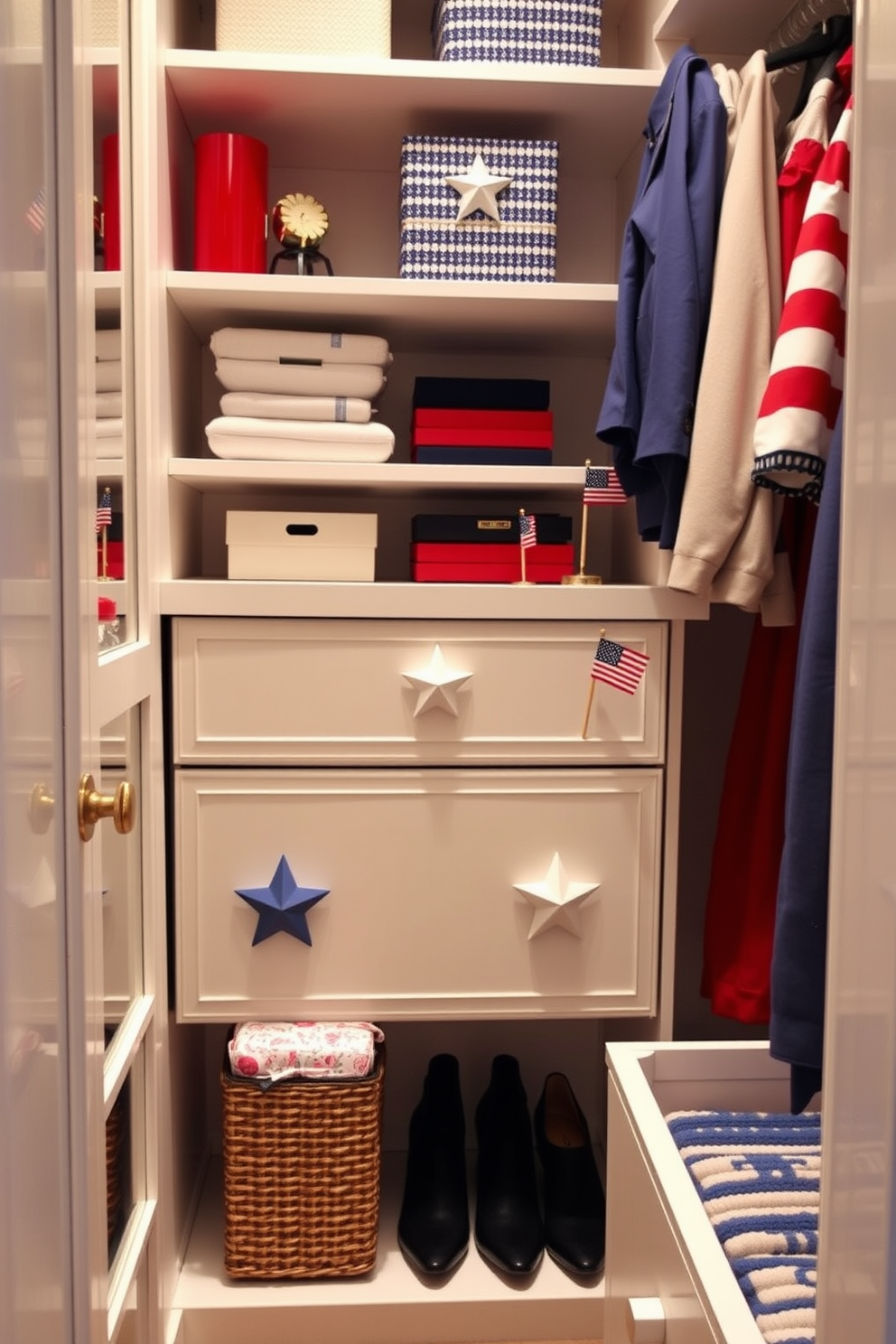 A stylish closet featuring star shaped drawer pulls that evoke a sense of patriotism and celebration. The space is organized with neatly arranged shelves and hanging rods, accented by red white and blue decor elements. The closet is illuminated by soft lighting that highlights the unique drawer pulls and adds warmth to the space. Decorative items such as small flags and themed accessories enhance the Independence Day spirit while maintaining a chic aesthetic.