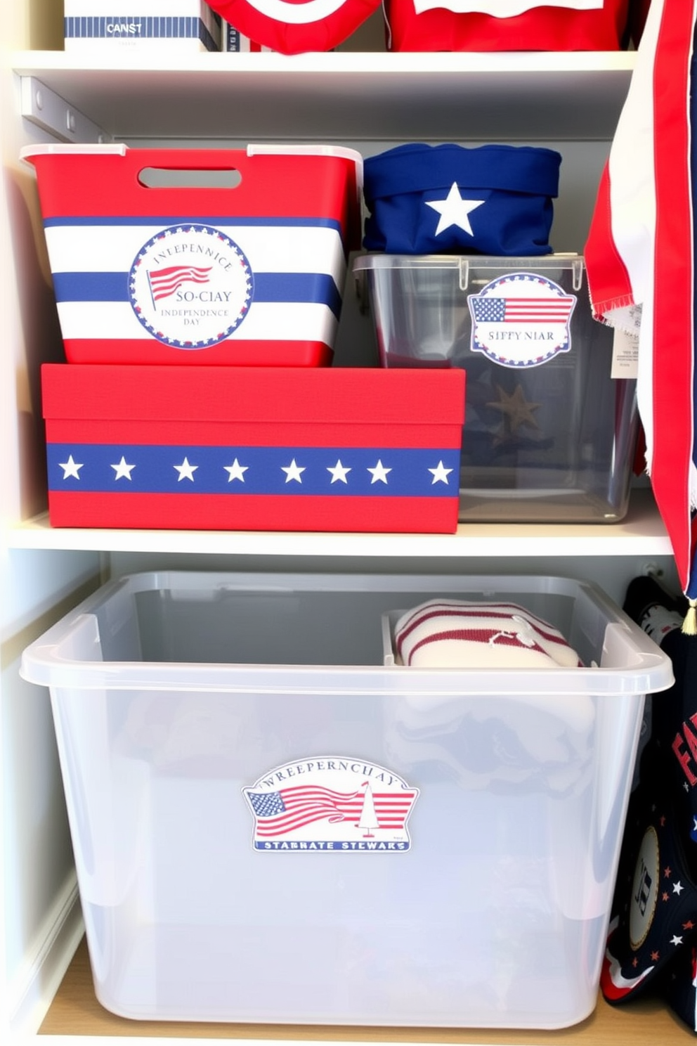 Custom patriotic labels for bins featuring red white and blue designs with stars and stripes. The labels should be bold and eye-catching to celebrate Independence Day. Closet decorating ideas that incorporate festive elements such as themed storage boxes and decorative flags. The overall look should be organized yet vibrant to reflect the spirit of the holiday.