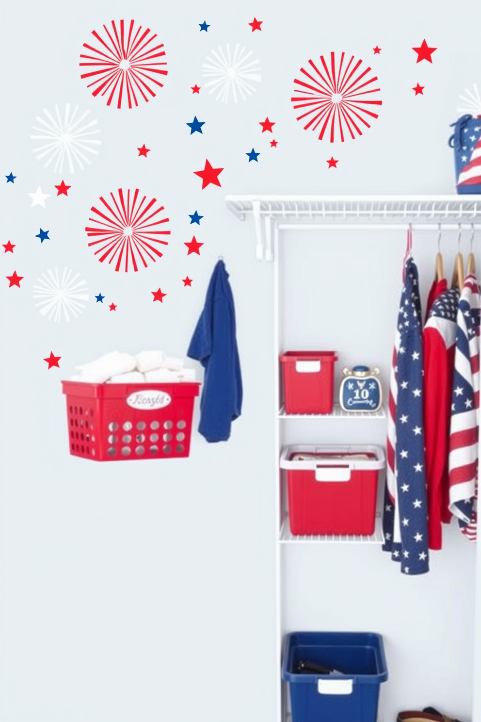 Independence Day themed wall decals featuring vibrant red white and blue designs with stars and stripes. The decals should include images of fireworks and the American flag creating a festive atmosphere. Independence Day closet decorating ideas incorporating red white and blue storage bins and organizers. Add patriotic themed hangers and decorative elements like small flags to enhance the celebratory spirit.