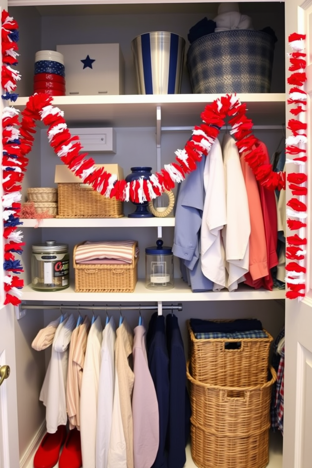 Create a festive closet space adorned with vibrant garlands draped along the shelves. The decor incorporates red white and blue elements to celebrate Independence Day with a cheerful and patriotic atmosphere.