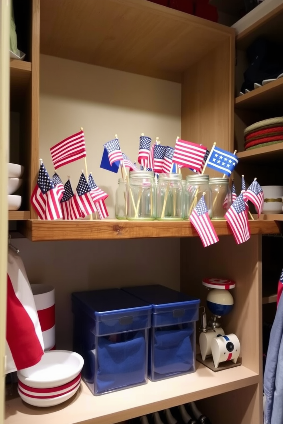 A collection of miniature flags displayed in decorative jars creates a festive atmosphere for Independence Day. The jars are arranged on a rustic wooden shelf, adding a touch of charm to the space. The closet is designed with a mix of open shelving and closed compartments for organized storage. Soft lighting illuminates the shelves, highlighting the vibrant colors of the flags and enhancing the overall decor.