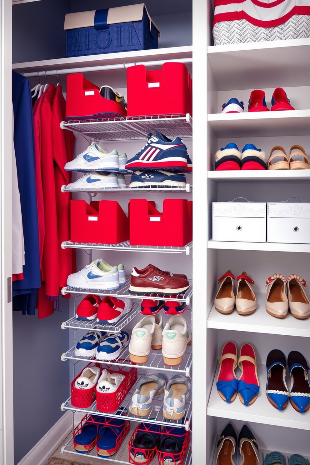 A vibrant closet space designed for Independence Day featuring red white and blue shoe racks. The shoe racks are stylishly arranged with a mix of sneakers and sandals, creating a festive atmosphere for the holiday.